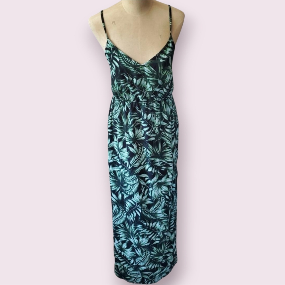 Green Black tropical leaf crepe maxi slip dress medium